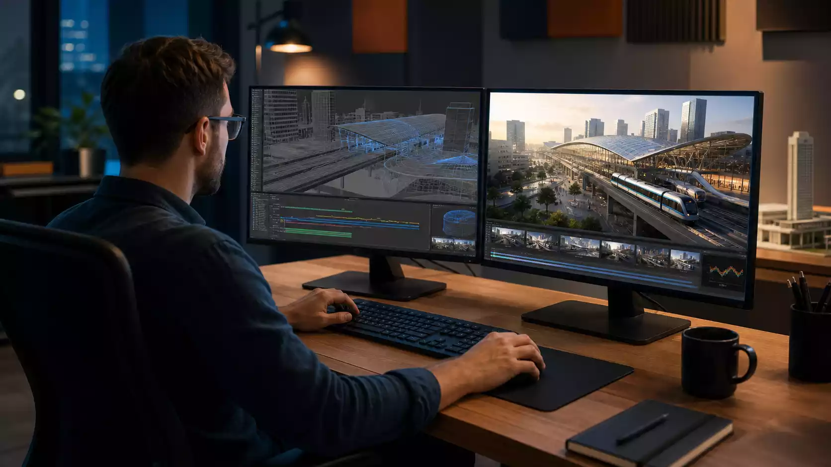Professional 3D visualization specialist creating a walkthrough animation on advanced software