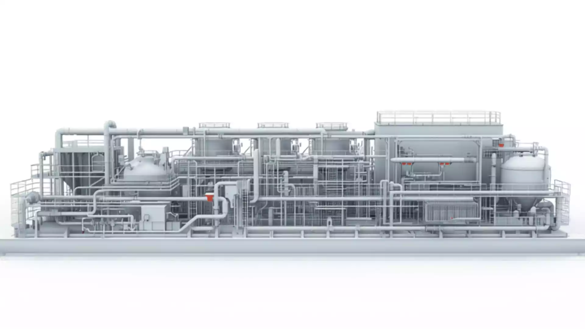 3D CAD model screenshot of a chemical process plant piping and equipment layout