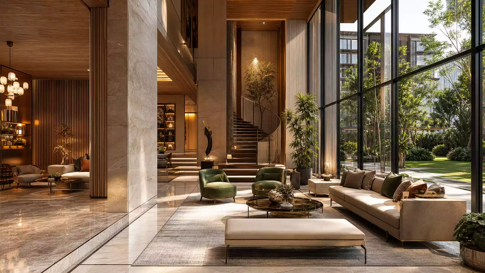 Cinematic 3D walkthrough animation frame of a luxury double-height residential lobby
