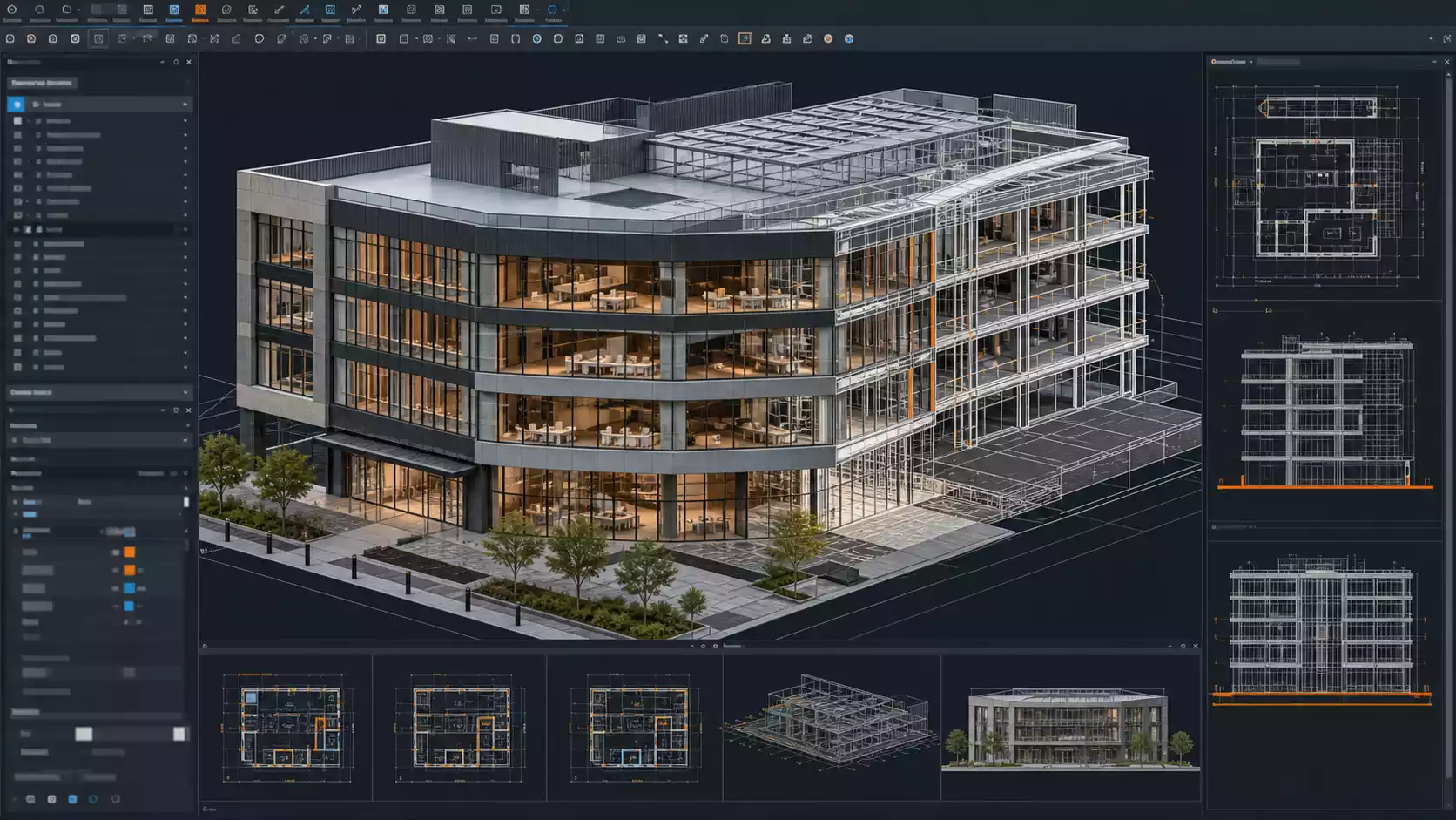Professional architectural BIM model of a modern commercial building in a coordinated BIM authoring workspace