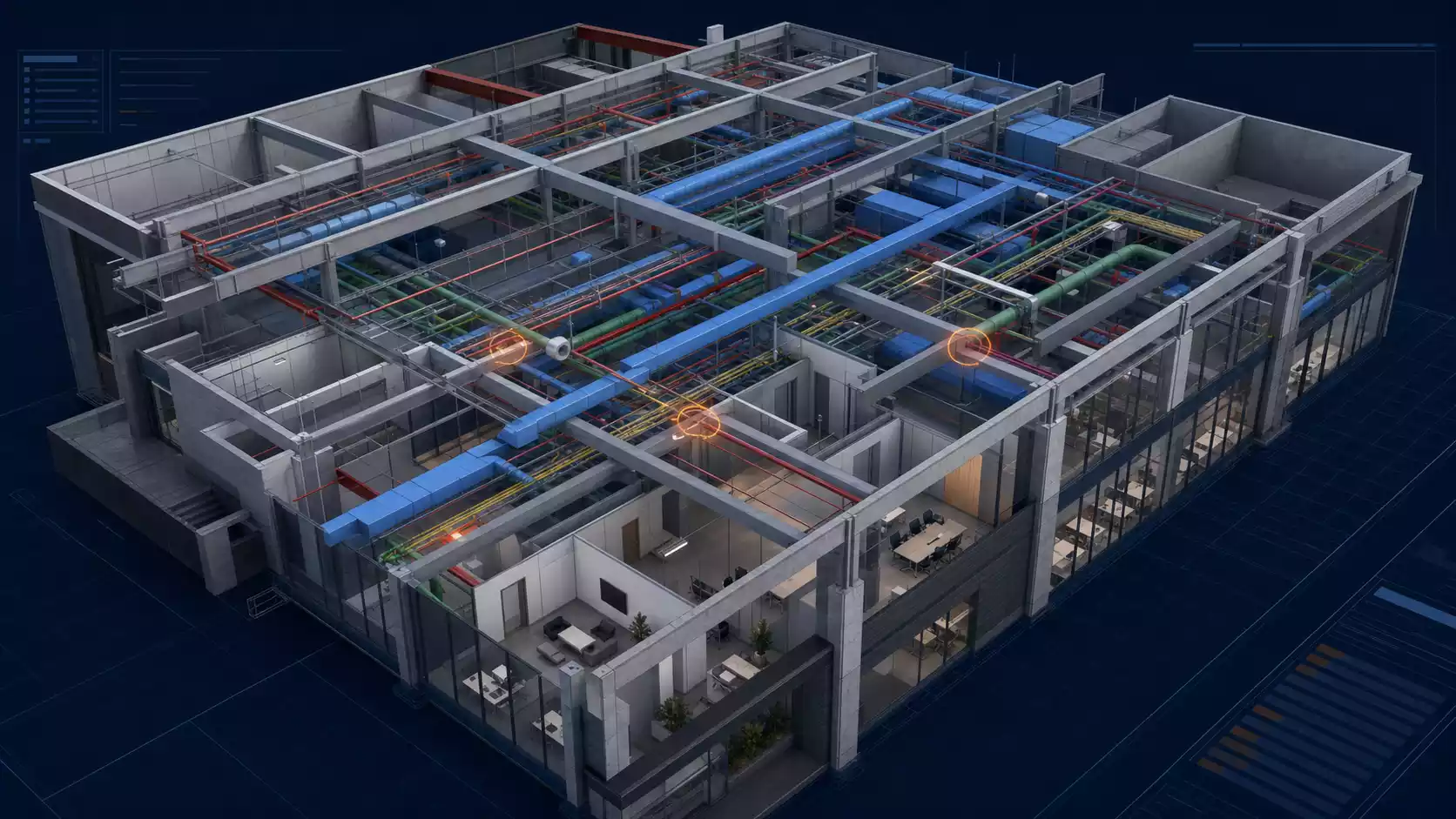 Coordinated architectural structural and MEP BIM model with highlighted clash detection points