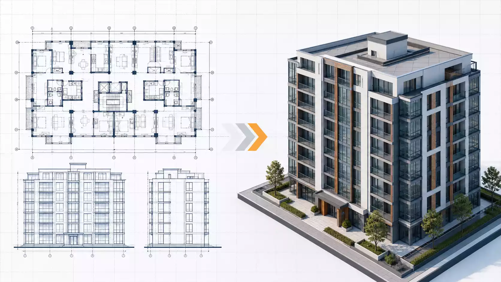 Side-by-side comparison of a 2D architectural CAD blueprint and its converted 3D BIM model