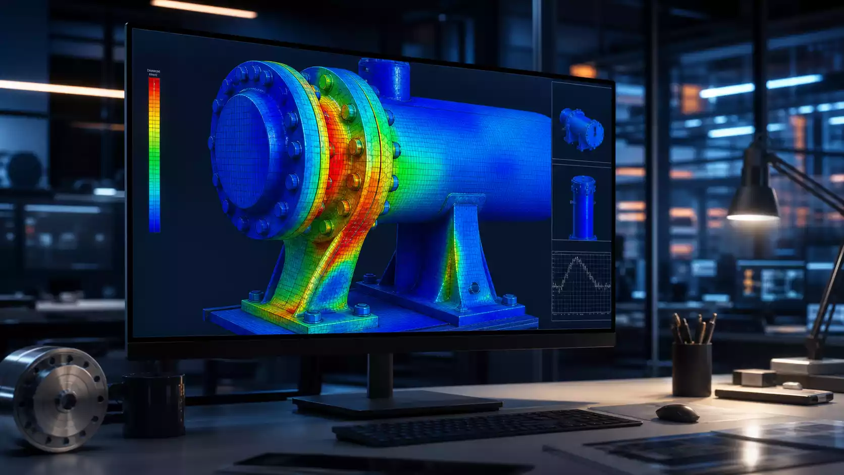 Finite element stress analysis of an industrial pressure vessel and support assembly