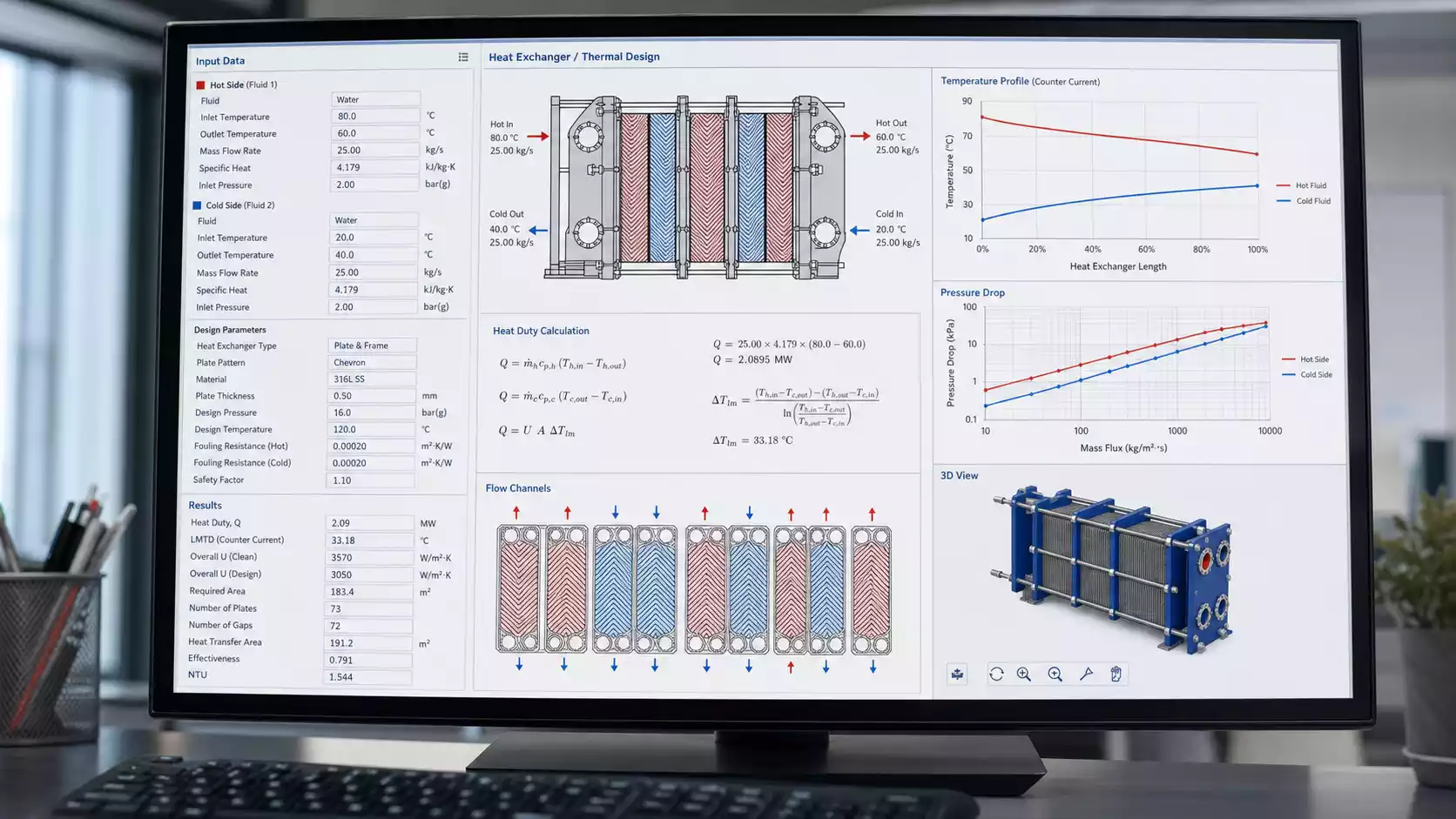 Computer screen displaying plate and frame heat exchanger thermal design calculations