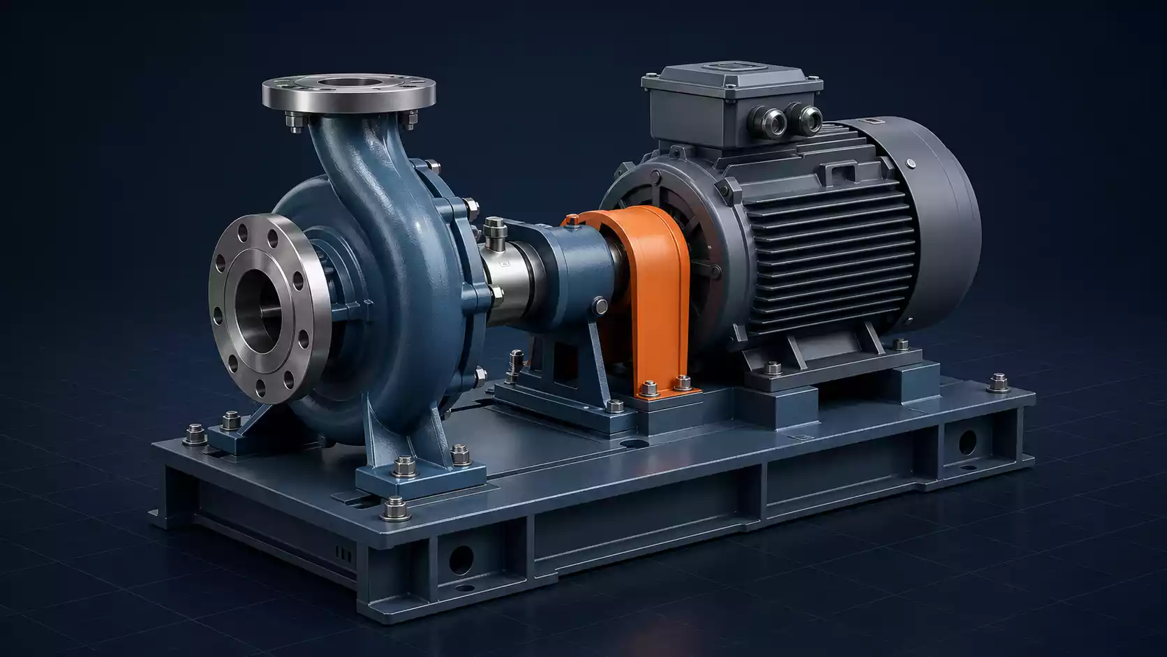 Detailed industrial 3D rendering of a centrifugal pump and electric motor assembly
