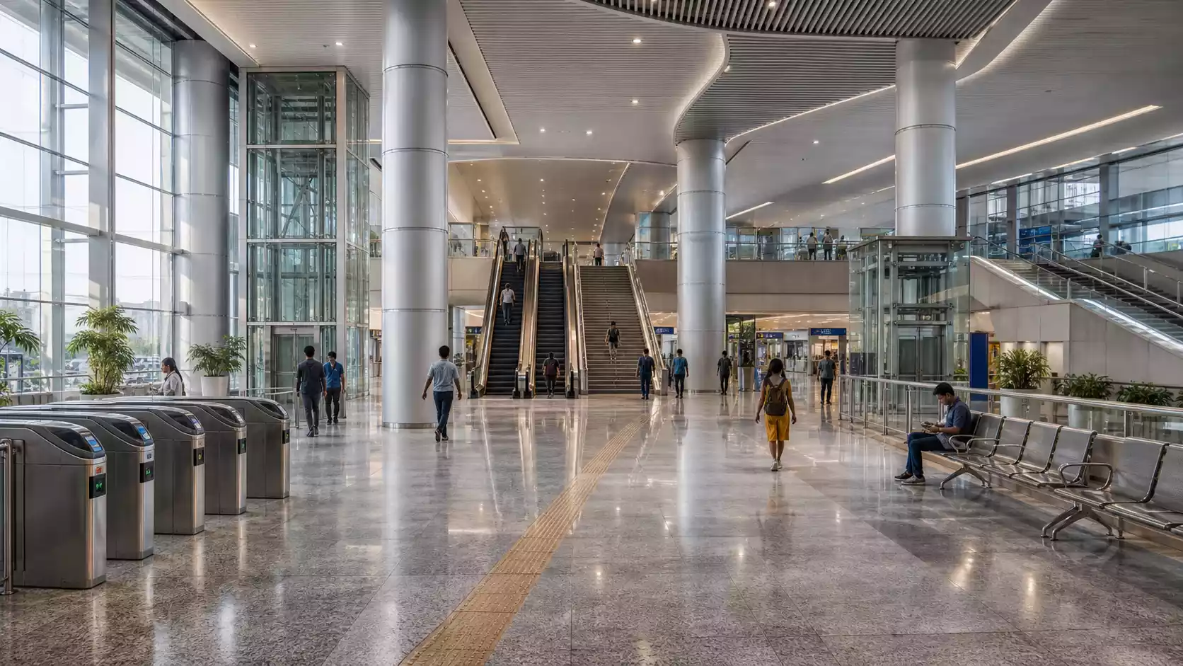 Detailed 3D walkthrough animation of a modern Indian metro station concourse