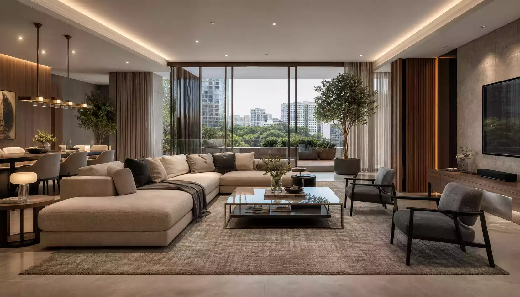 Photorealistic 3D interior rendering of a modern luxury living room with warm architectural lighting