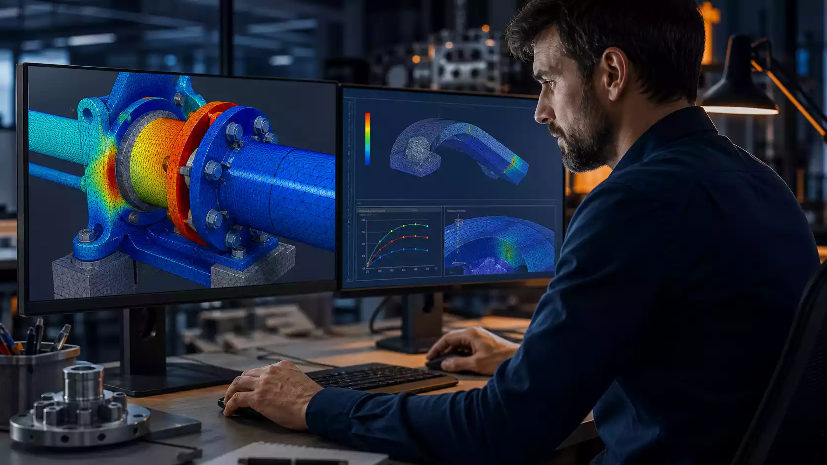 Mechanical engineer reviewing a complex nonlinear FEA contact simulation
