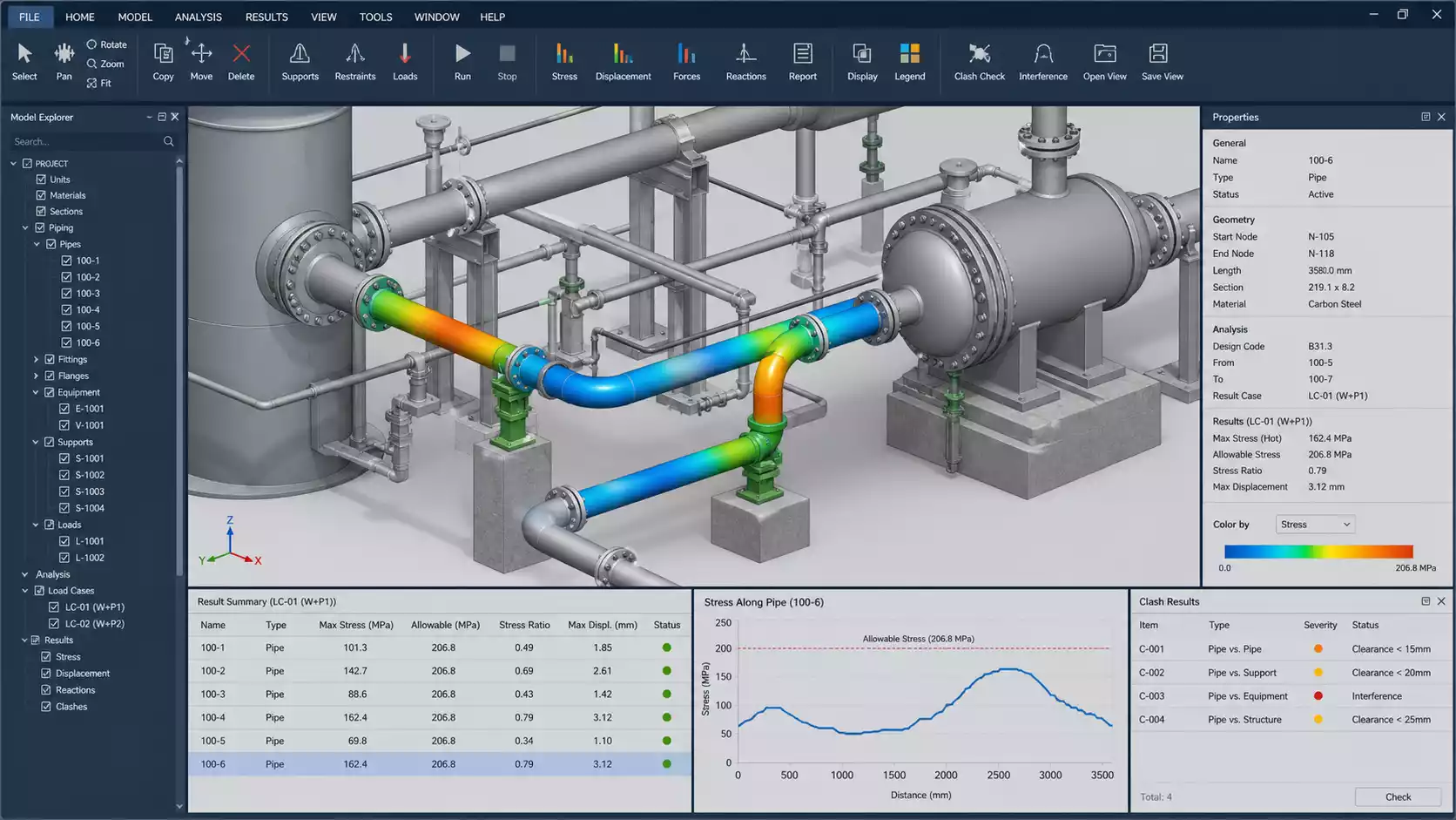 Pipe stress analysis and clash verification software showing an industrial piping system