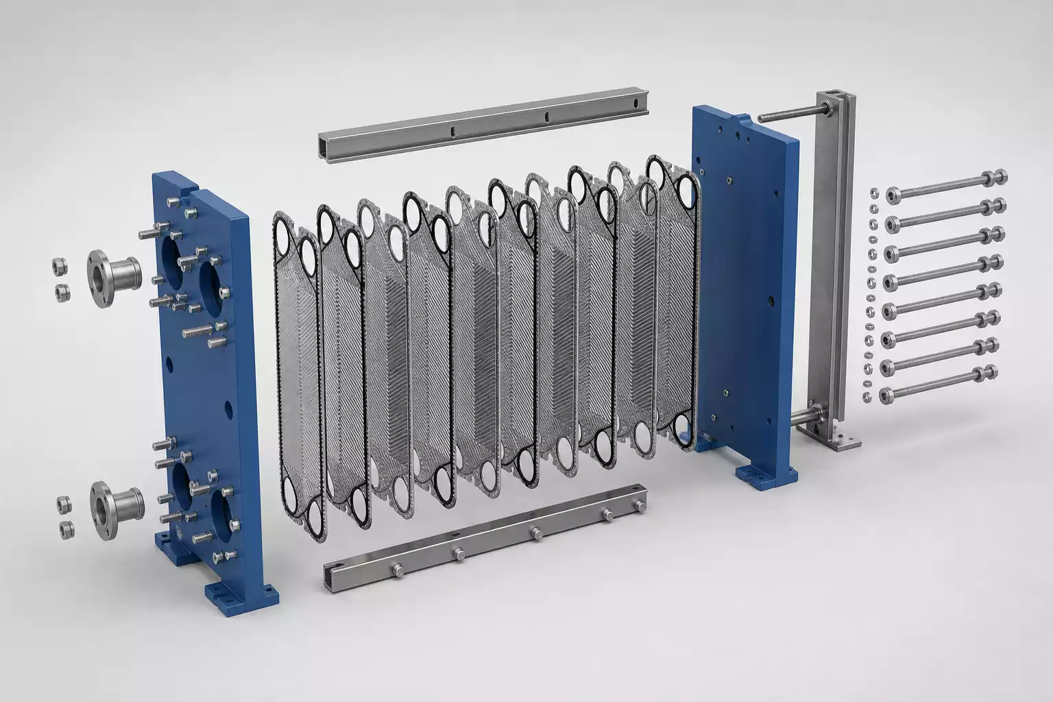 Separate parts of a plate and frame heat exchanger including plates frame gaskets and tightening bolts