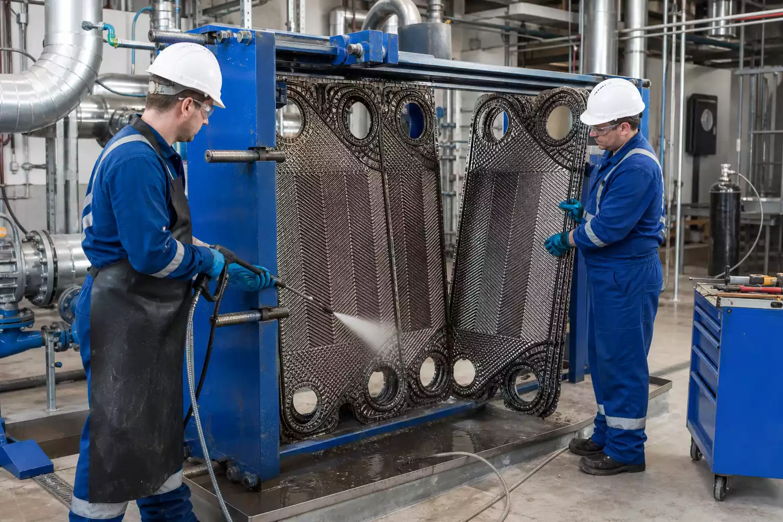 Engineers opening and cleaning plates during plate and frame heat exchanger maintenance