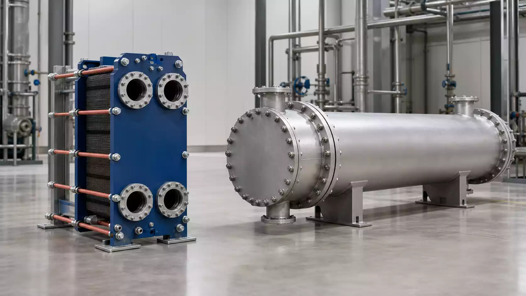 Plate heat exchanger and shell and tube heat exchanger comparison shown side by side