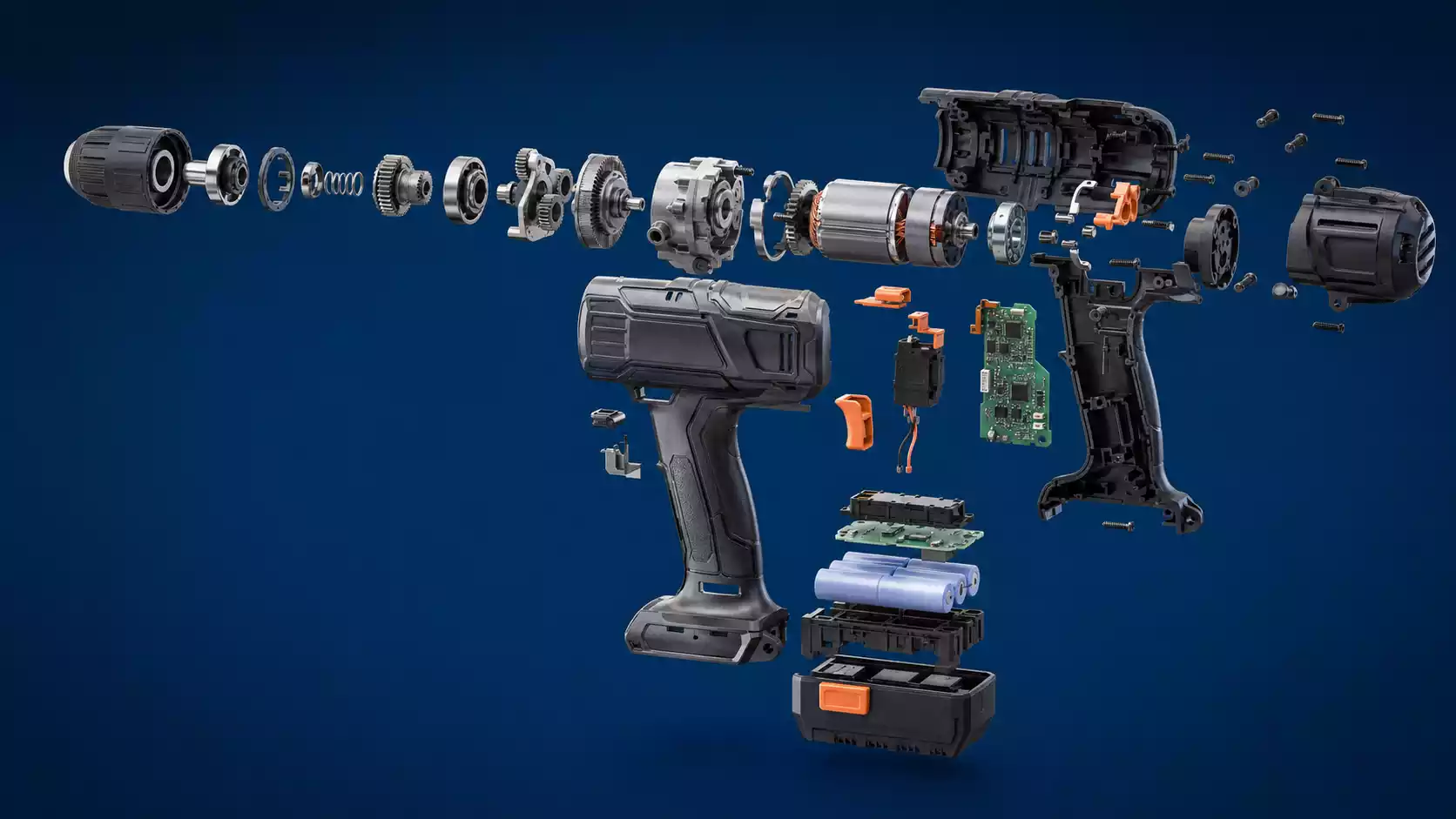 Exploded-view 3D product animation rendering showing the internal parts of a cordless power drill