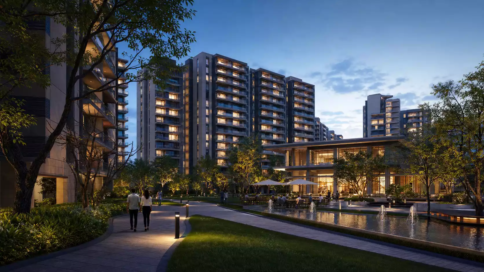 Photorealistic residential and commercial 3D walkthrough animation of a modern apartment development